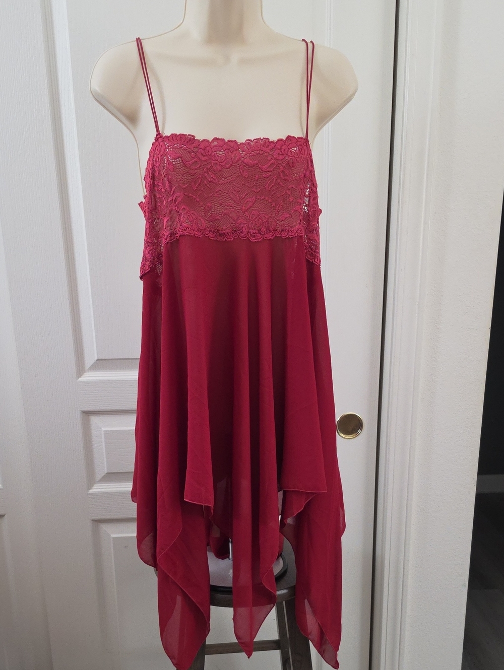 Venus | Burgundy Lace Bodice Handkerchief Hem Slip Dress XL